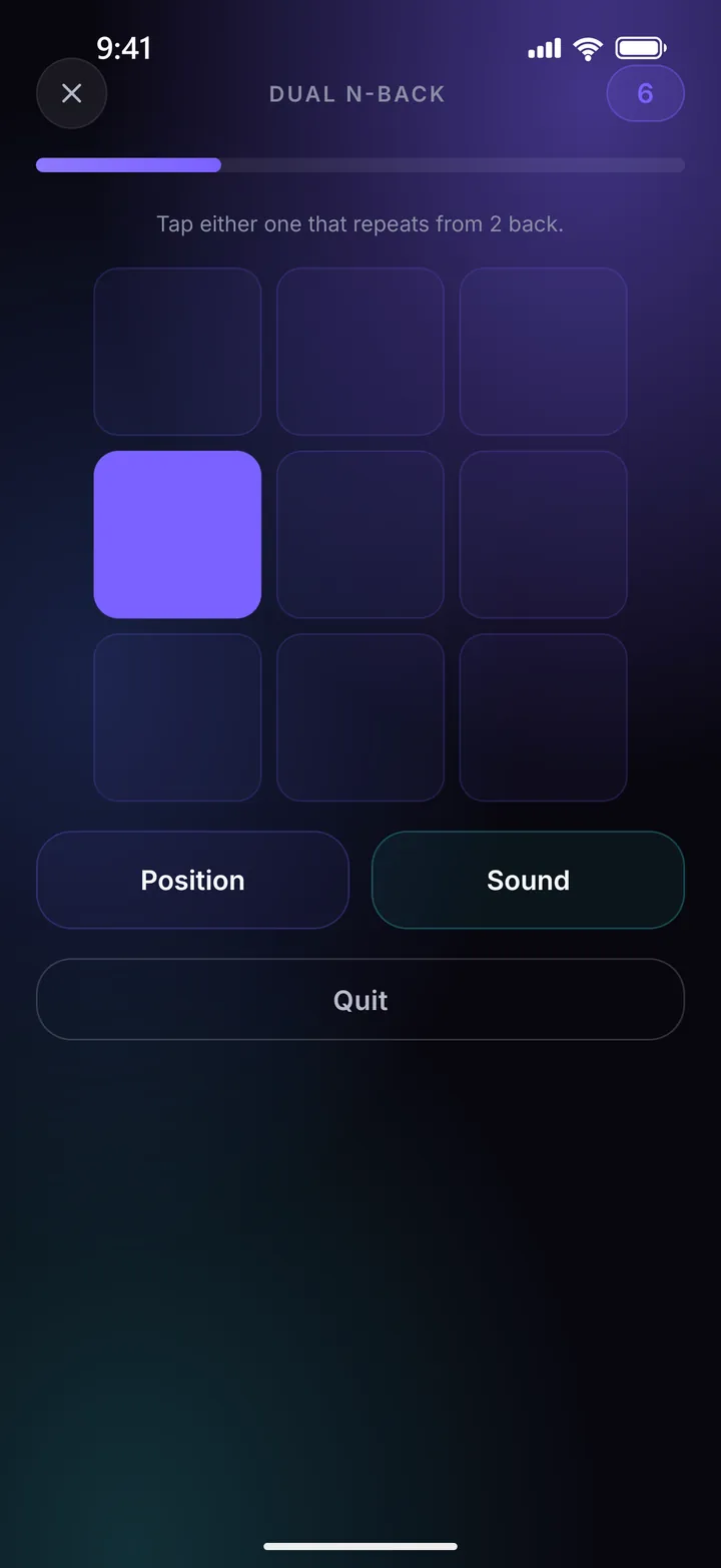 The Dual N-Back board: a three-by-three grid with one lit square and Position and Sound buttons