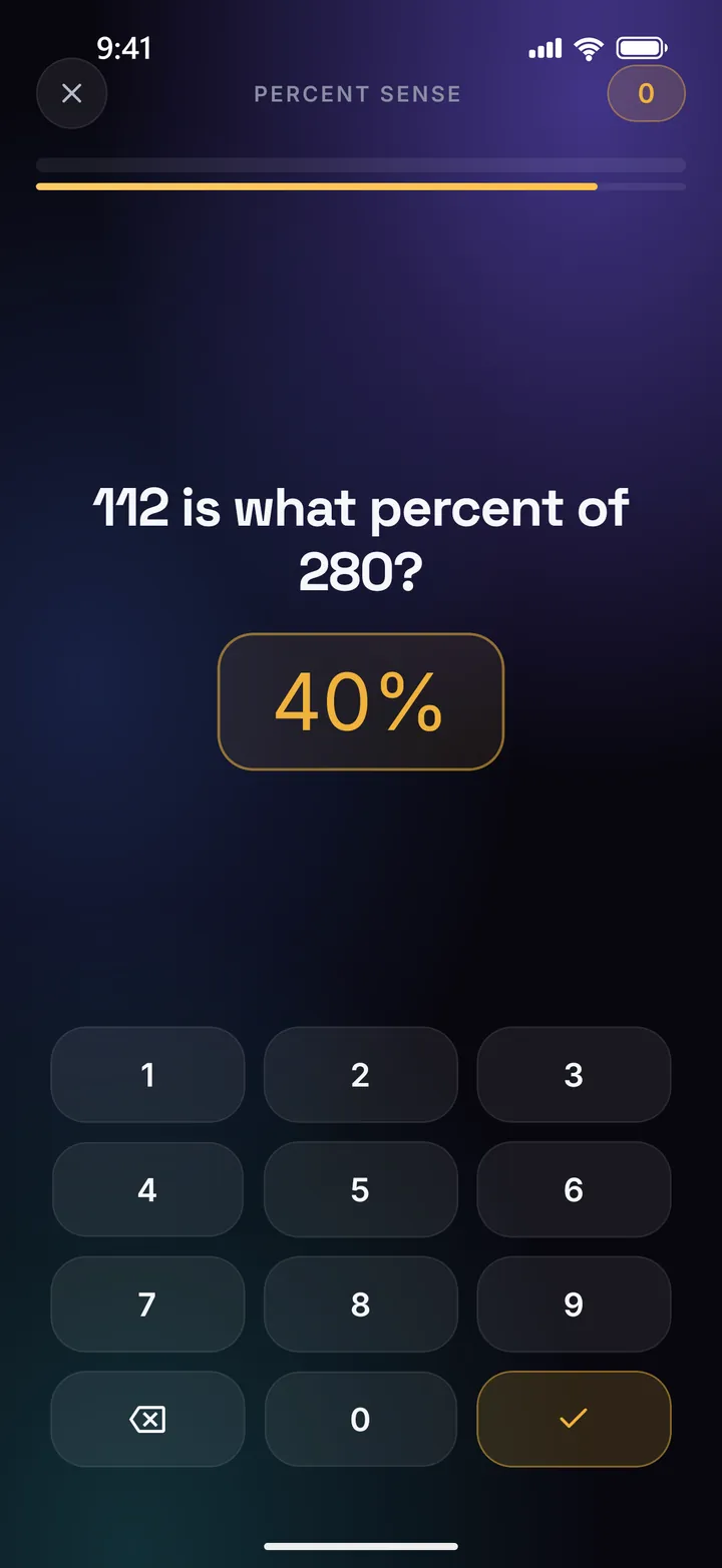 The Percent Sense board: the question 112 is what percent of 280 with a number keypad