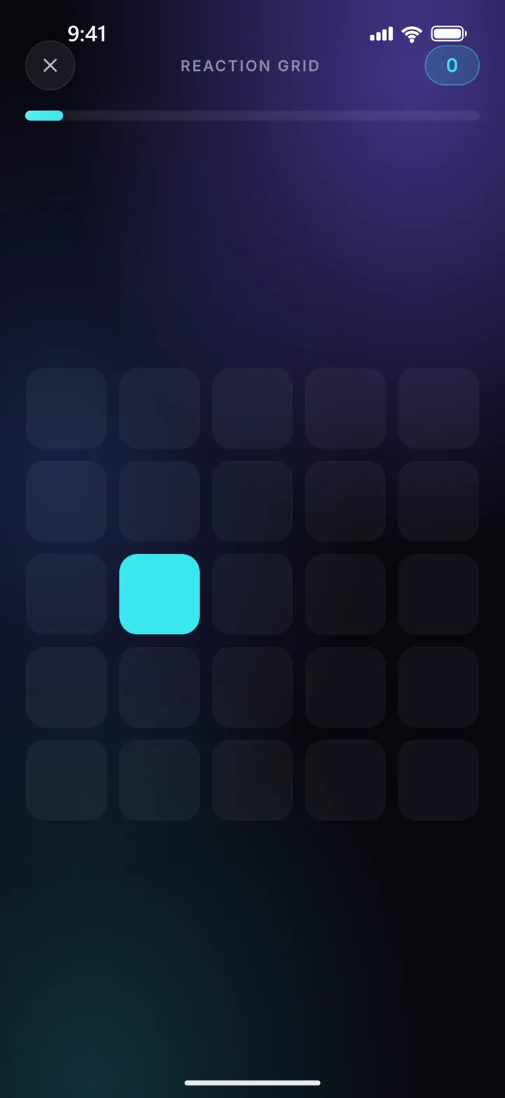 The Reaction Grid board: a five-by-five grid of dark cells with one lit cyan