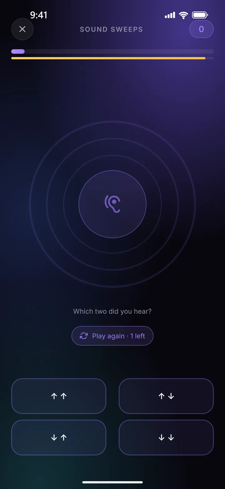 The Sound Sweeps board: a listening icon and four arrow buttons for the two sweeps heard