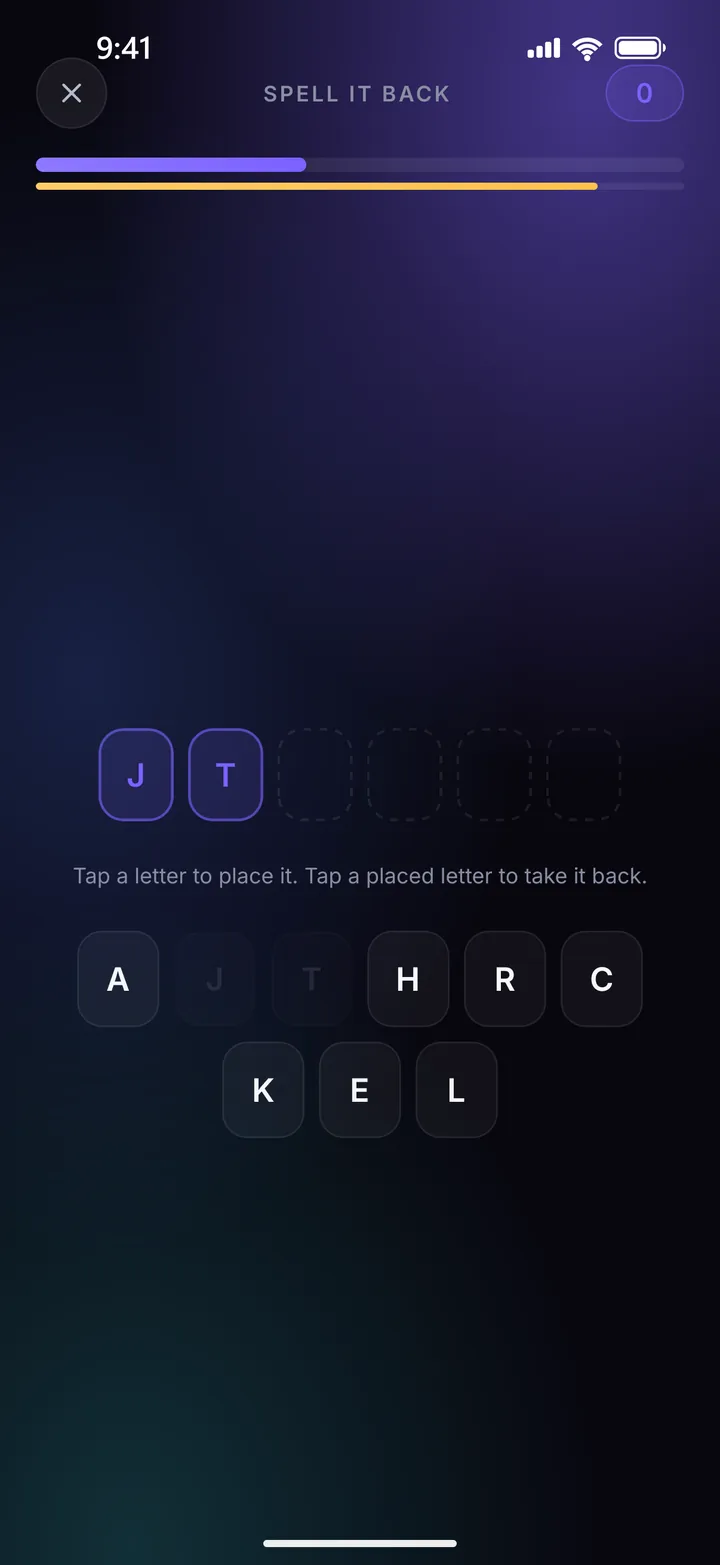 The Spell It Back board: six answer slots with a tray of letter tiles below
