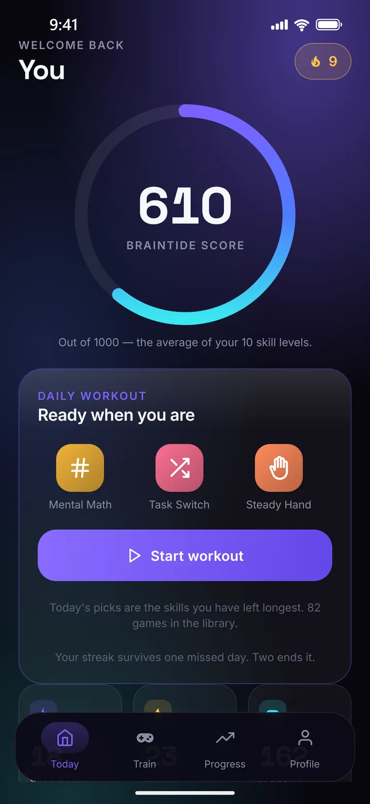 The Today screen: a Braintide Score of 610 in a gradient ring above the daily workout card