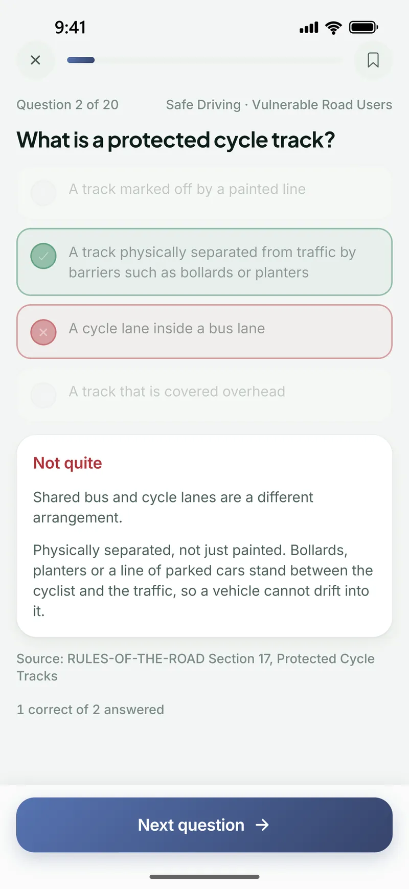 A practice question answered incorrectly, with the explanation and its legal source