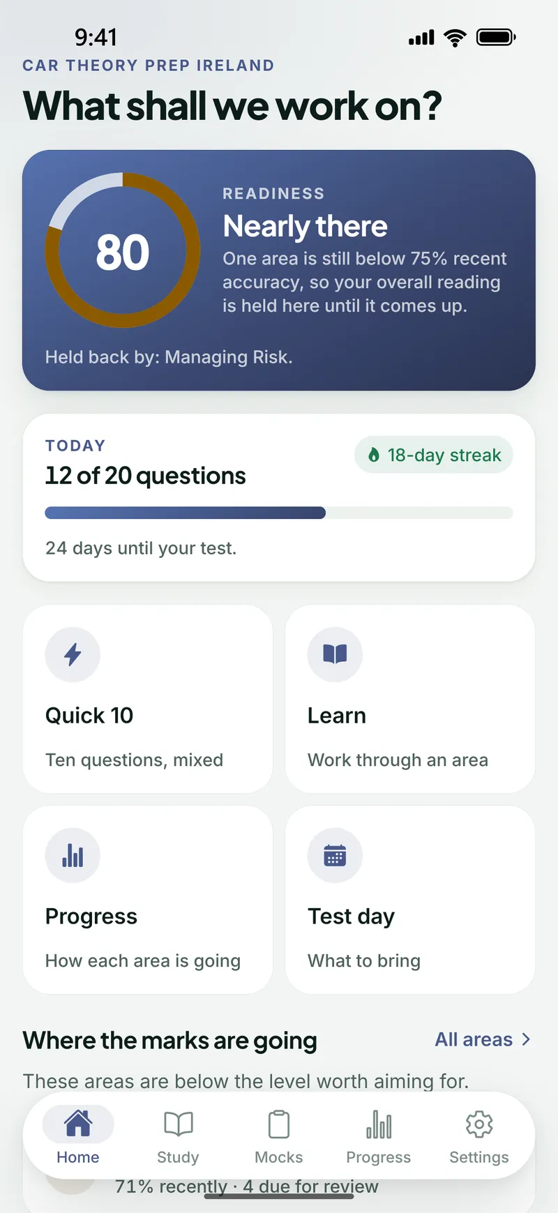 The Car & Bike Theory Ireland home screen showing readiness, a daily target and study modes
