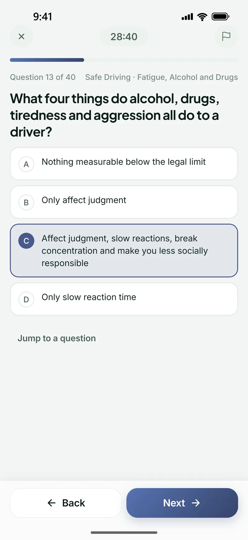 A timed 40-question mock test in progress