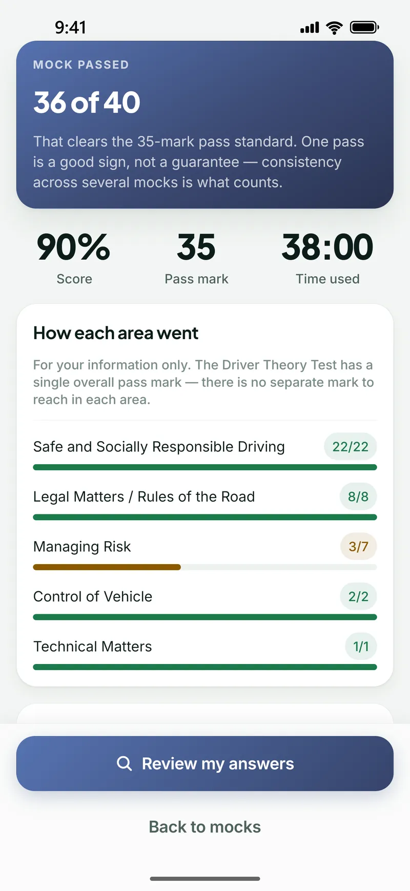 A mock result showing 36 of 40 with a breakdown by subject area