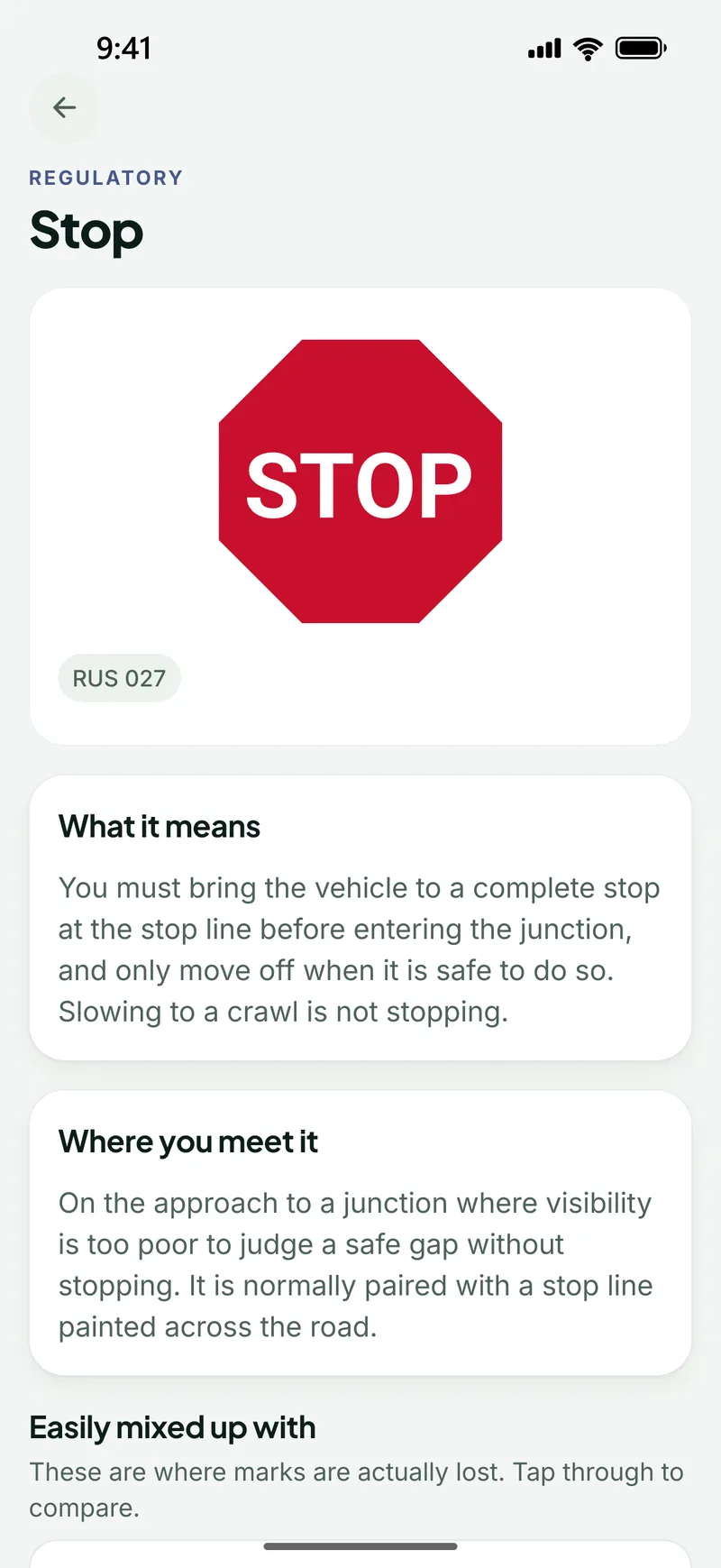 A road sign detail screen showing what it means, where you meet it and what it is mixed up with