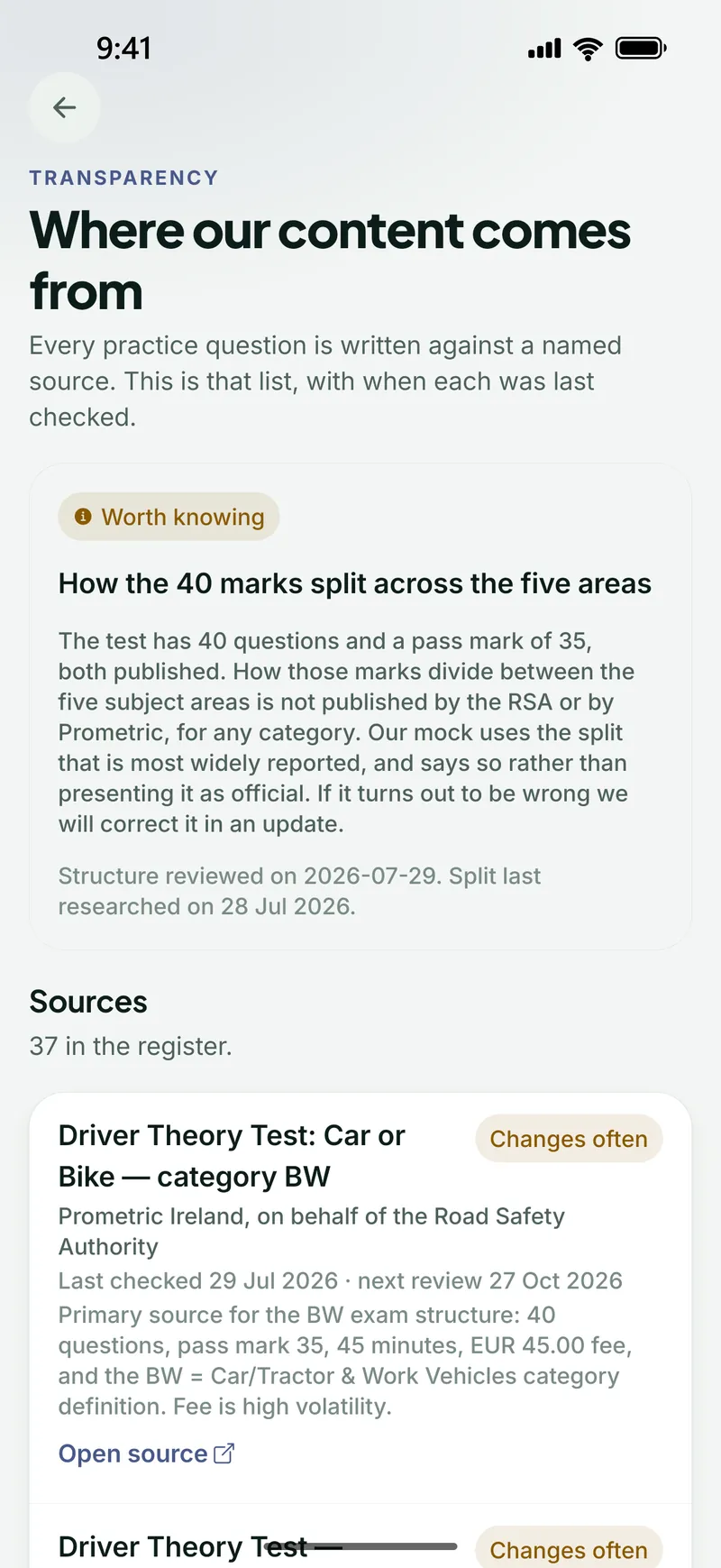 The Sources screen listing the primary sources each part of the question bank was written from
