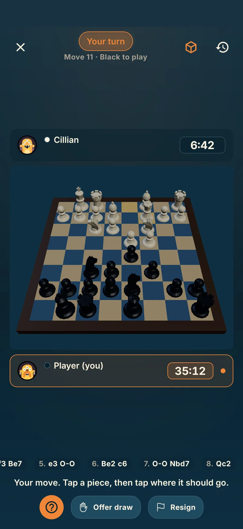 A chess game in Piece of Cake, showing the 3D board mid-game with both players' clocks running