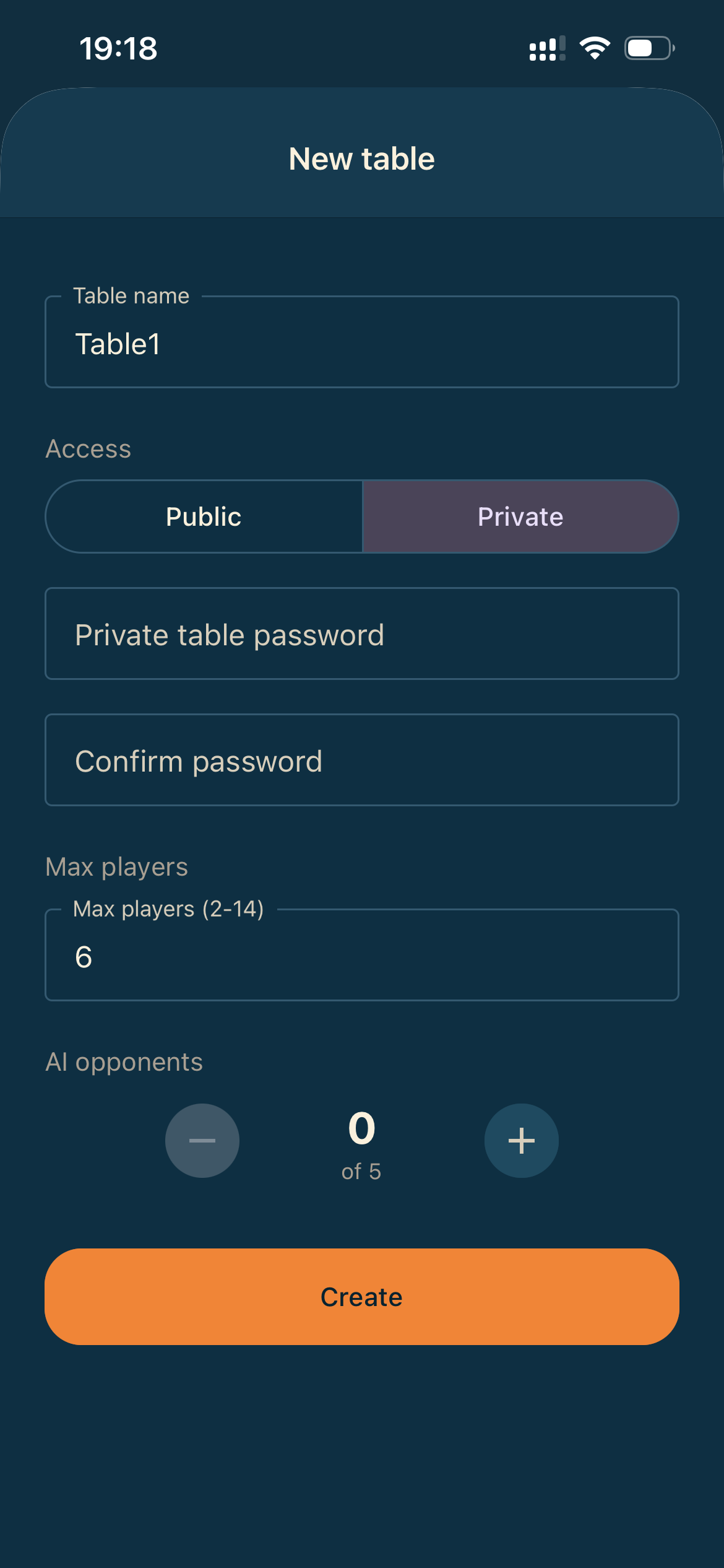 Creating a new private table in Piece of Cake, with table name, password, max players and AI opponent controls