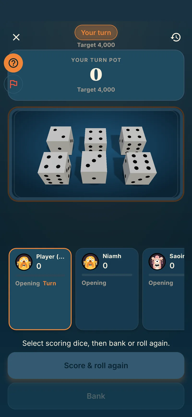 A Farkle game in Piece of Cake, showing the dice mid-turn