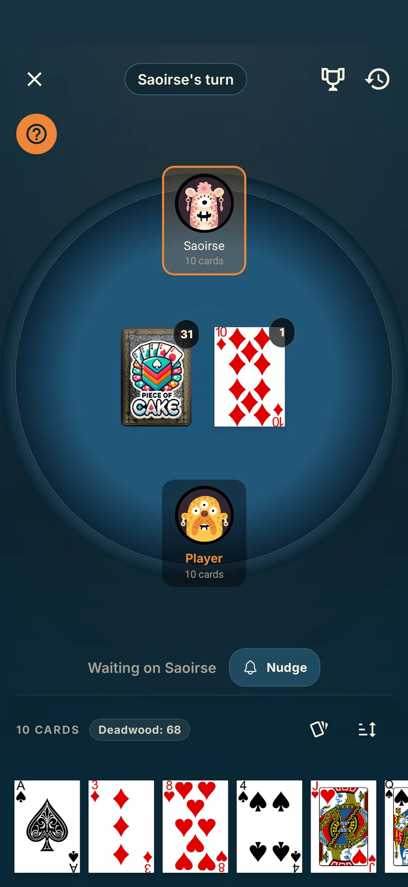 A two-player Gin Rummy game in Piece of Cake
