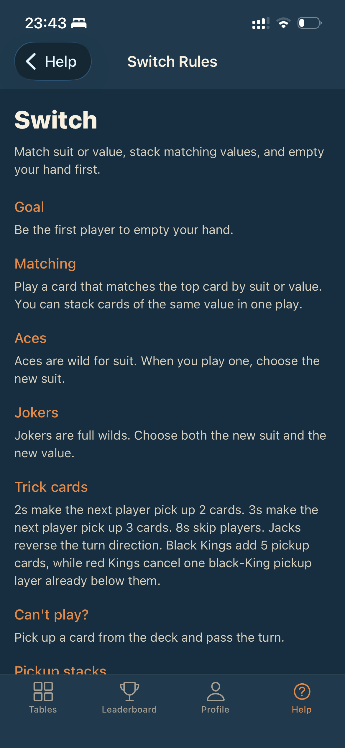 The in-app Switch rules screen in Piece of Cake
