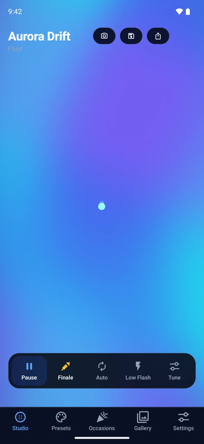 The flowing Aurora Drift particle preset in TritonFire