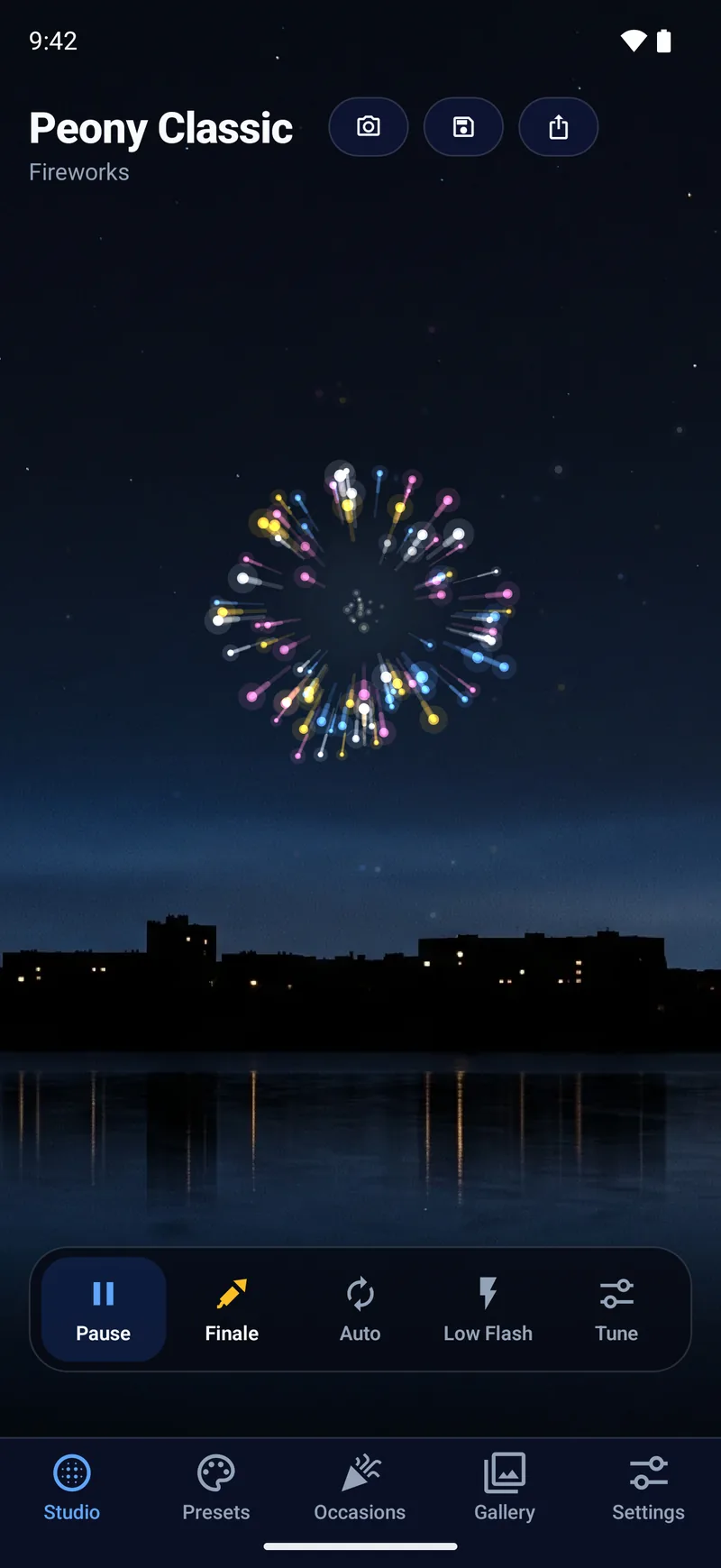 The Peony Classic firework bursting over a city skyline in TritonFire 1.1