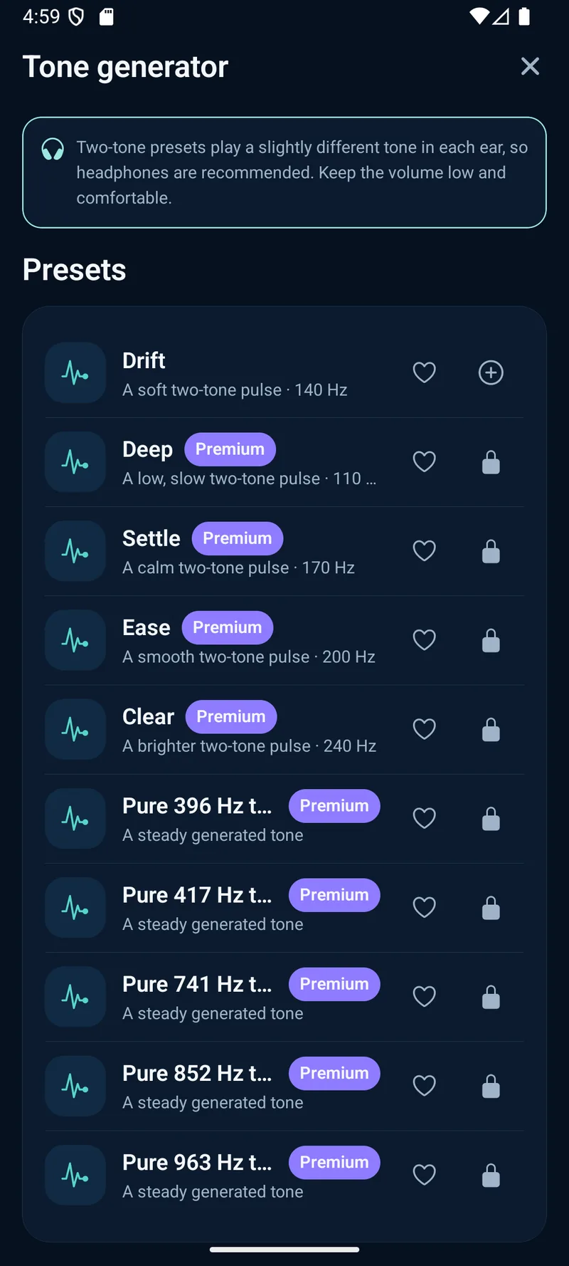 The TritonSleep tone generator presets