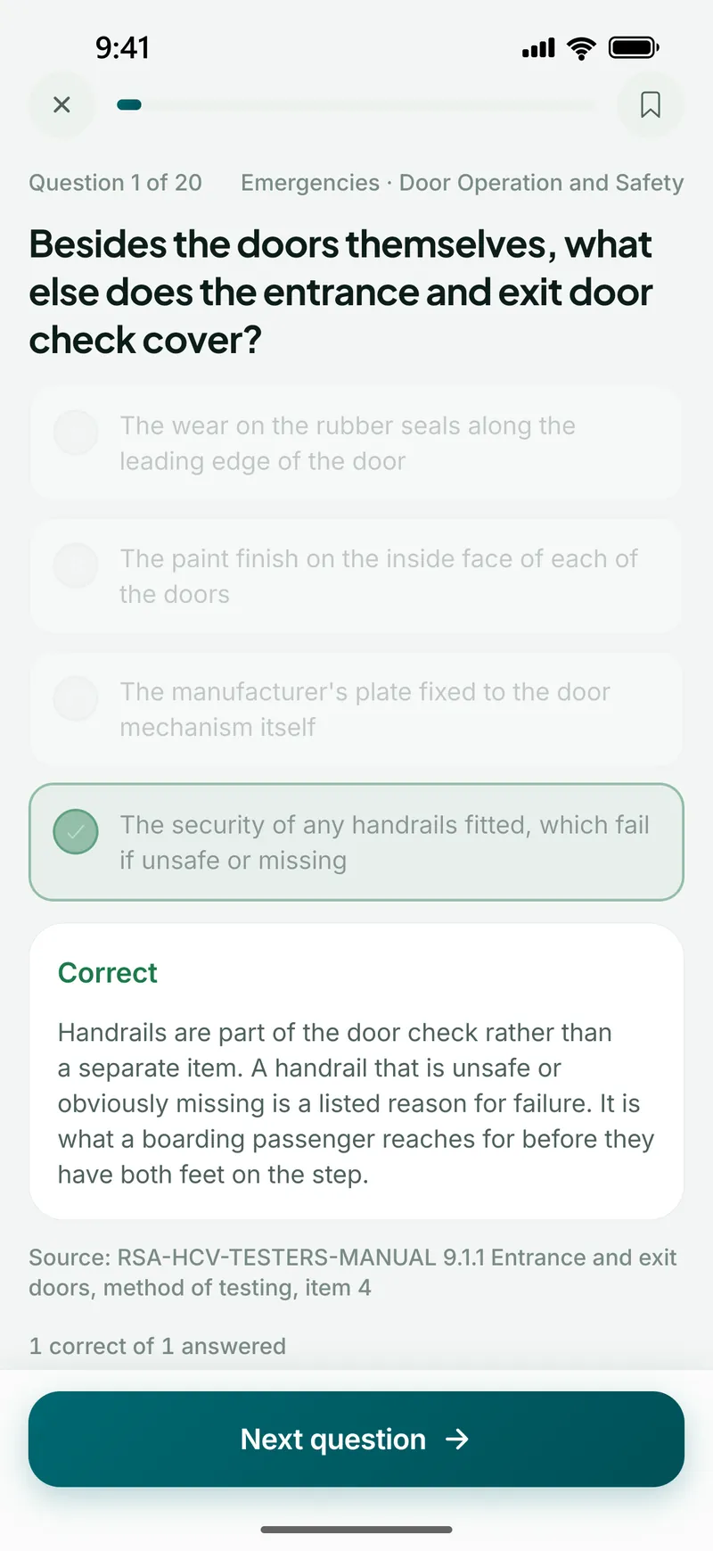 A practice question answered correctly, with the explanation and the source it was written from