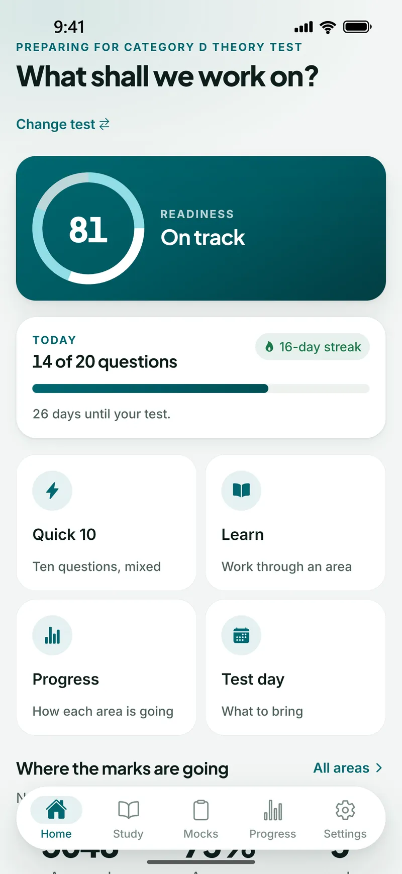 The Truck & Bus Theory Ireland home screen preparing for the category D test, showing readiness, today’s target, a test-date countdown and study modes
