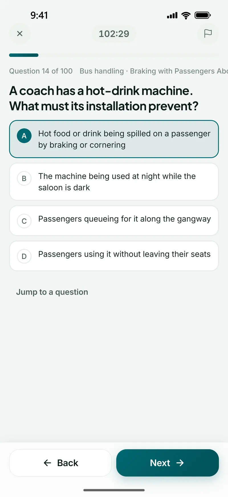 A timed 100-question mock in progress, asking what a coach&rsquo;s hot-drink machine installation must prevent