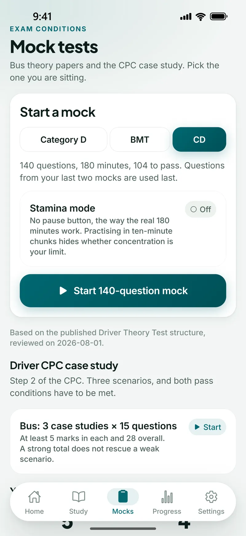 The mock tests screen with the category D, bus module test and combined CD papers, and the Driver CPC case study below