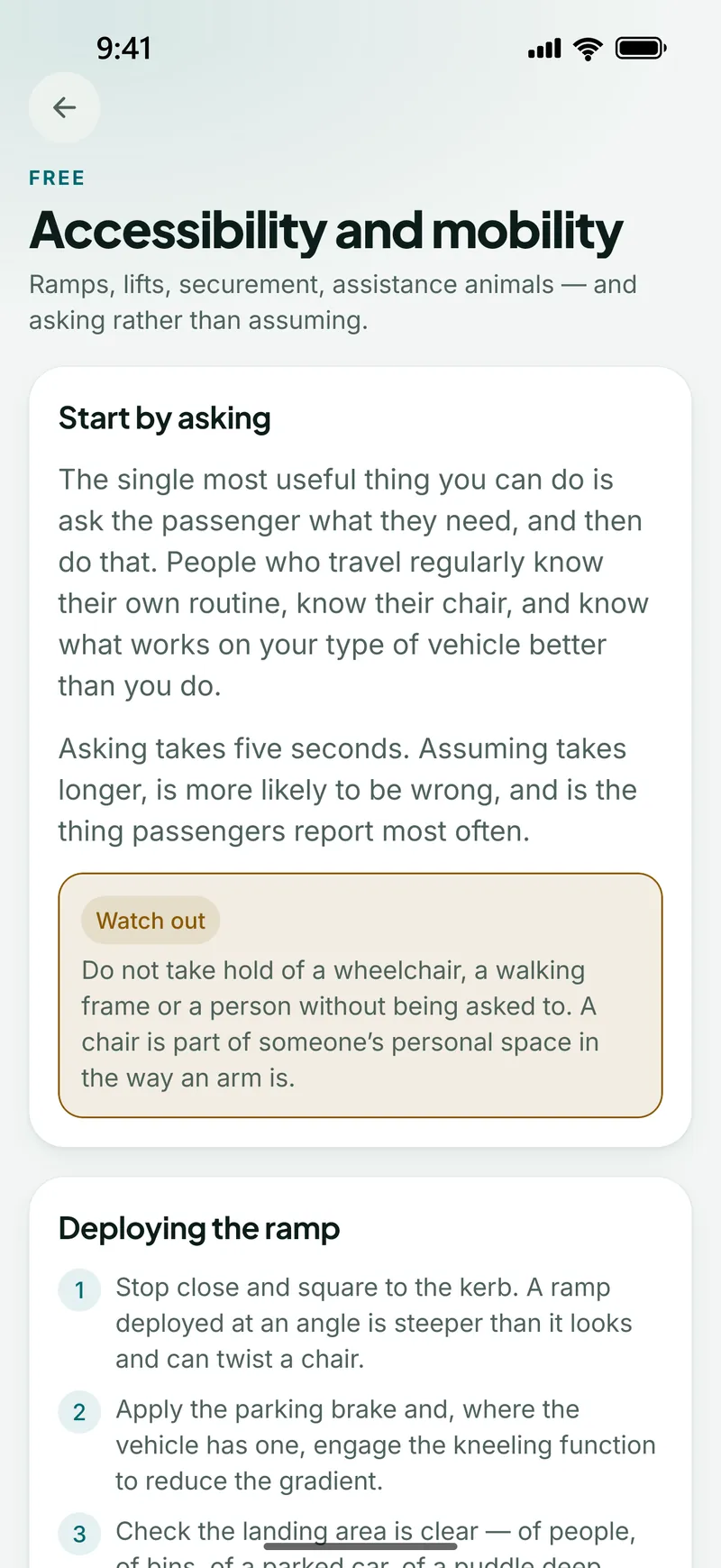 The free Accessibility and mobility passenger guide, opening with advice to ask the passenger what they need